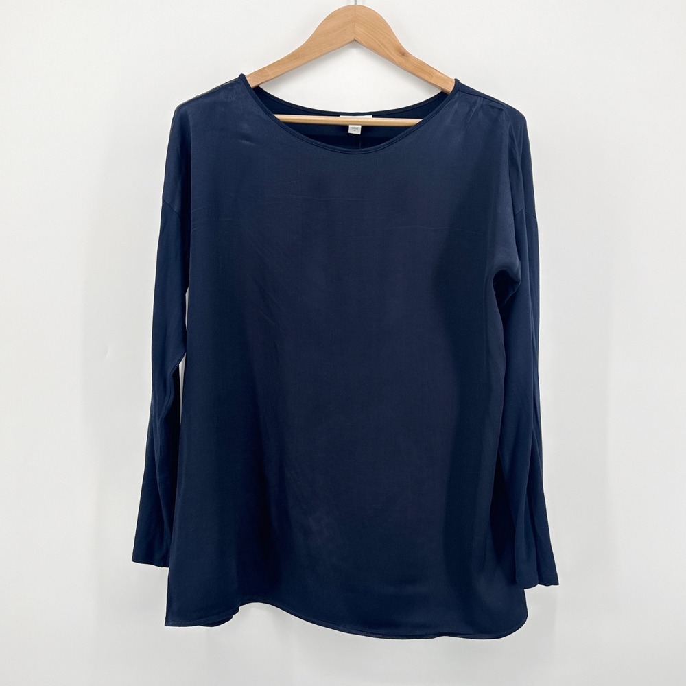 J. Jill Mixed Media Tunic Top Navy Blue Woven Satin Front Knit Back Medium EUC